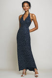 Halter Navy and White Boho Sheath Maxi Chiffon Polka Dot Dress