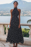 Chiffon High Neck Black and White A Line Boho Maxi Polka Dot Dress