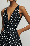 Satin Black and White Boho A Line Midi Polka Dot Dress
