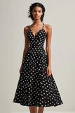 A Line Chiffon Black and White Boho Spaghetti Straps Midi Polka Dot Dress