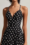 A Line Chiffon Black and White Boho Spaghetti Straps Midi Polka Dot Dress