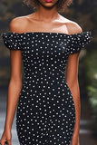 Mermaid Satin Black and White Off the Shoulder Boho Maxi Polka Dot Dress