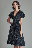 Satin A Line Black and White Short Polka Dot Dress with Sleeves