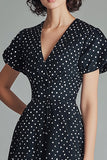 Satin A Line Black and White Short Polka Dot Dress with Sleeves