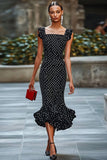 Chiffon Boho Mermaid Black and White Maxi Polka Dot Dress with Ruffles