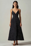 Boho Black and White Spaghetti Straps Maxi Chiffon A Line Polka Dot Dress
