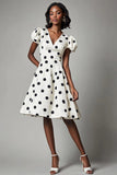 Boho V-Neck Puff Sleeves Black and White Short Satin Polka Dot Dress