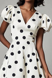 Boho V-Neck Puff Sleeves Black and White Short Satin Polka Dot Dress