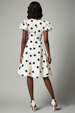 Boho V-Neck Puff Sleeves Black and White Short Satin Polka Dot Dress