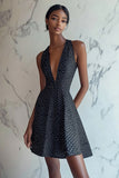 Black and White Satin Deep V-Neck Short A Line Polka Dot Dress