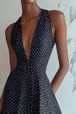 Black and White Satin Deep V-Neck Short A Line Polka Dot Dress