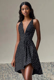 Deep V-Neck A Line Chiffon Black and White Short Polka Dot Dress