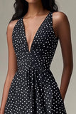 Deep V-Neck A Line Chiffon Black and White Short Polka Dot Dress