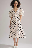 Black and White V-Neck Chiffon A Line Maxi Boho Polka Dot Dress with Ruffles