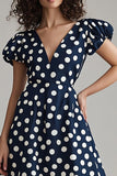 Satin Navy and White A Line V-Neck Maxi Polka Dot Dress with Sleeves