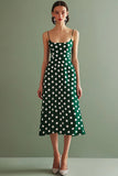 Green and White Spaghetti Straps Chiffon A Line Boho Midi Polka Dot Dress