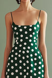 Green and White Spaghetti Straps Chiffon A Line Boho Midi Polka Dot Dress