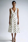 Satin Black and White V-Neck Midi A Line Polka Dot Dress