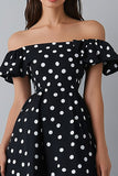 Off the Shoulder A Line Black and White Maxi Satin Polka Dot Dress