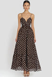 Chiffon Spaghetti Straps Coffee and White A Line Boho Maxi Polka Dot Dress