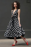 Deep V-Neck Black and White Maxi Satin A Line Polka Dot Dress with Bow
