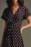 Chiffon Boho Coffee and White V-Neck Maxi Polka Dot Dress with Sleeves
