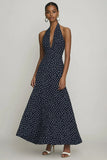 Halter Black and White Maxi Chiffon A Line Boho Polka Dot Dress