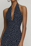 Halter Black and White Maxi Chiffon A Line Boho Polka Dot Dress