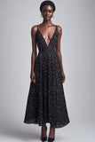 Deep V-Neck Black and White Maxi A Line Boho Chiffon Polka Dot Dress