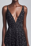 Deep V-Neck Black and White Maxi A Line Boho Chiffon Polka Dot Dress