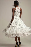 Tulle White and Black Tiered High Neck Maxi Polka Dot Dress with Ruffles