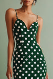 Boho Chiffon Green and White Bodycon Spaghetti Straps Midi Polka Dot Dress