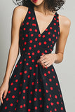 Satin V-Neck  A Line Black and RedMaxi Polka Dot Dress
