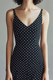 Chiffon Straps Black and White A Line Maxi Polka Dot Dress
