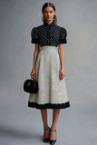 Leely Women Black and White Chiffon Midi Polka Dot Dress with Ruffles Short Sleeves High Neck A Line Work Dress