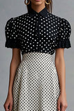 Chiffon Short Sleeves Black and White A Line Midi Polka Dot Dress with Ruffles