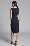 Royal Blue Satin V-Neck Midi Bodycon Work Dress