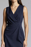 Navy Bodycon Satin V-Neck Midi Work Dress