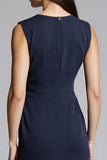 Navy Bodycon Satin V-Neck Midi Work Dress