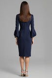 Royal Blue Bodycon Satin Bateau Neck Midi Work Dress