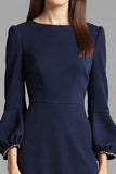 Navy Satin Midi Bodycon Work Dress with Long Sleeves
