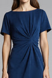 Navy Ruched Bodycon Midi Satin Work Dress