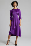 Royal Blue A Line Satin Midi Work Dress with Sleeves