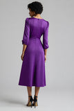 Royal Blue A Line Satin Midi Work Dress with Sleeves