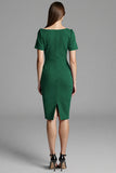 Navy Bodycon Satin Midi Work Dress with Sleeves