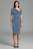 Navy Bodycon Satin Midi Work Dress with Sleeves