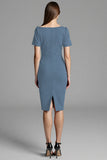 Navy Bodycon Satin Midi Work Dress with Sleeves