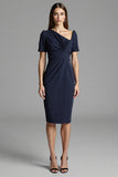 Royal Blue Satin Bodycon Asymmetrical Neck Midi Work Dress