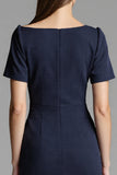 Navy Bodycon Satin Midi Work Dress with Sleeves