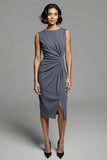 Royal Blue Satin Bodycon Ruched Midi Work Dress with Slit